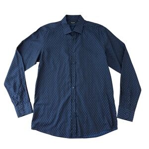 Sand Copenhagen Button Down Shirt Mens 42 Navy Blue Dotted Slim Fit Dress Shirt